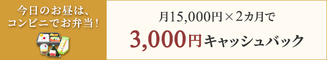 今日のお昼は、コンビニでお弁当！月15,000円×2カ月で3,000円キャッシュバック