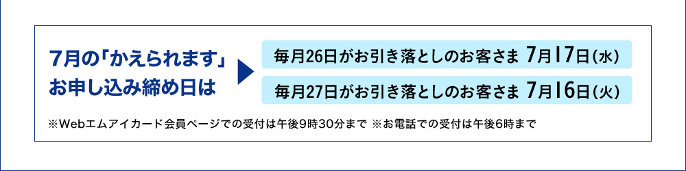 7月の「かえられます」お申し込み締め日は毎月26日がお引き落としのお客さま7月17日(水)、毎月27日がお引き落としのお客さま7月16日(火)、※Webエムアイカード会員ページでの受付は9時30分まで ※お電話での受付は午後6時まで