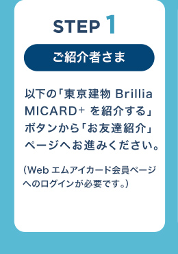 STEP1
ご紹介者さま
以下の「東京建物 Brillia MICARD+を紹介する」ボタンから「お友達紹介」ページへお進みください。
（Webエムアイカードへログインしていない場合には、マイページログインページを経由し遷移します。）