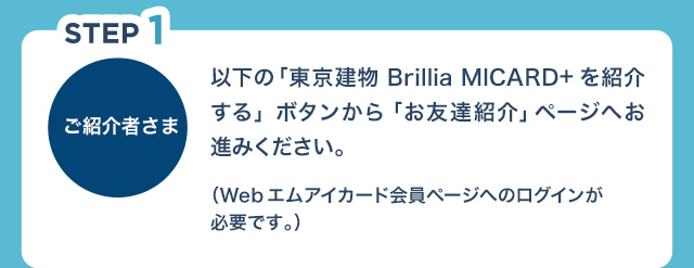 STEP1 ご紹介者さま 以下の「東京建物 Brillia MICARD+を紹介する」ボタンから「お友達紹介」ページへお進みください。 （Webエムアイカードへログインしていない場合には、マイページログインページを経由し遷移します。）