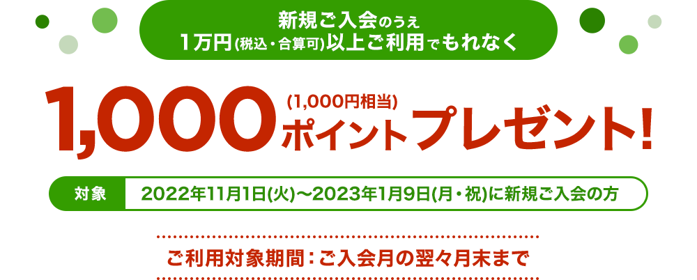 新規ご入会のうえ 1万円(税込・合算可)以上ご利用でもれなく1,000ポイントプレゼント！
