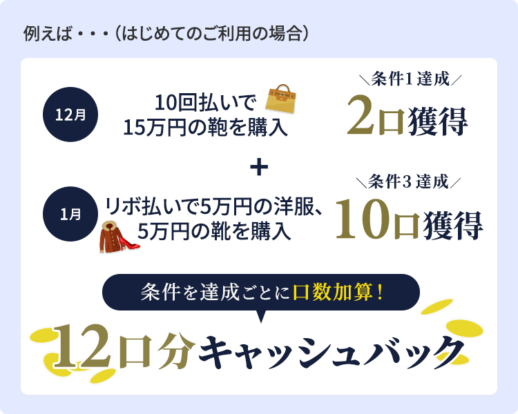 10回払いで15万円の鞄を購入 2口獲得＋リボ払いで5万円の洋服、5万円の靴を購入 10口獲得＝12口分キャッシュバック！