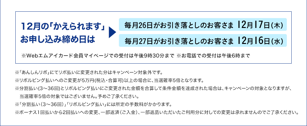12月の「かえられます」お申し込み締め日は毎月26日がお引き落としのお客さま12月17日(火)、毎月27日がお引き落としのお客さま12月16日(月)、※Webエムアイカード会員ページでの受付は9時30分まで ※お電話での受付は午後6時まで