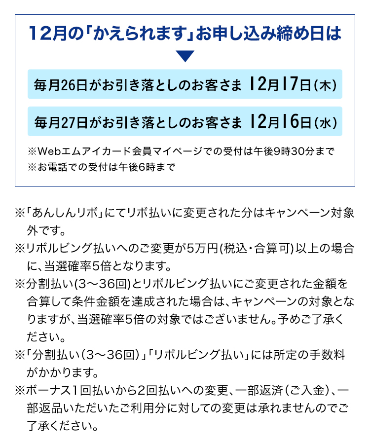 12月の「かえられます」お申し込み締め日は毎月26日がお引き落としのお客さま12月17日(火)、毎月27日がお引き落としのお客さま12月16日(月)、※Webエムアイカード会員ページでの受付は9時30分まで ※お電話での受付は午後6時まで