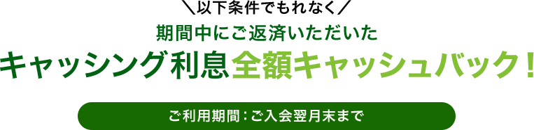 以下の条件でもれなく期間中にご返済いただいたキャッシング利息全額キャッシュバック!