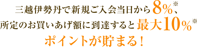 三越伊勢丹で新規ご入会当日から8%、 所定のお買いあげ額に到達すると最大10% ポイントが貯まる！