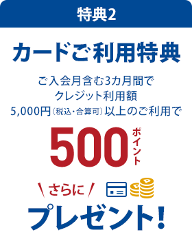 特典2 カードご利用特典 ご入会月含む3カ月間で、クレジット利用額 5,000円(税込・合算可)以上のご利用で500ポイントさらにプレゼント!