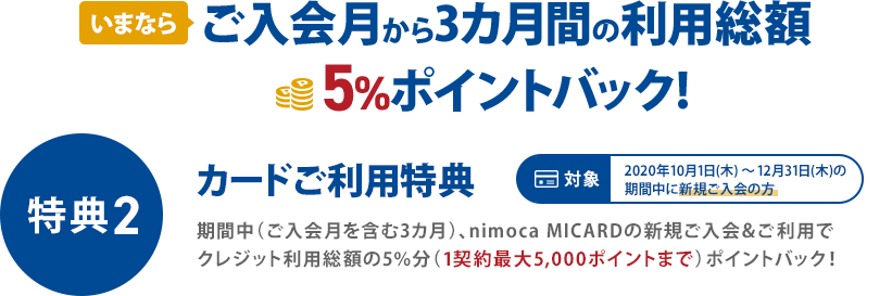 ご利用でもれなく1,000ポイントプレゼント! 特典2 カードご利用特典 期間中、nimoca MICARDに新規ご入会いただき、ご入会月含む3カ月間でクレジット10,000円(税込・合算可)以上ご利用いただくともれなく1,000ポイントプレゼント!!