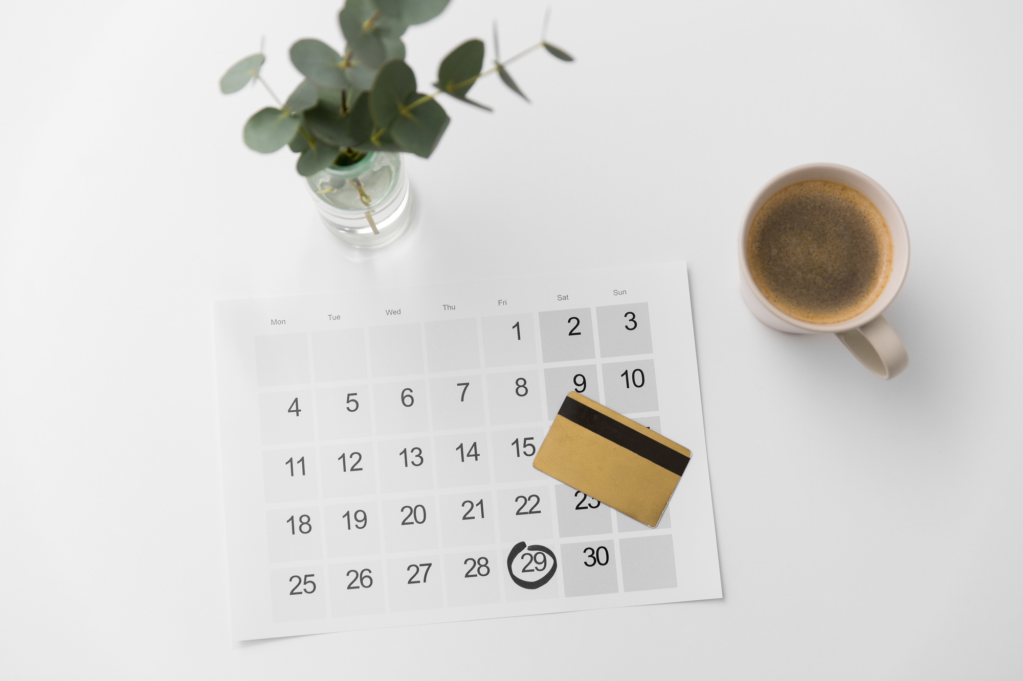 shopping, sale and marketing concept - black friday date on calendar, credit card and cup of coffee