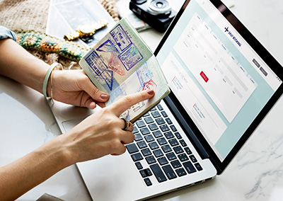 Pointing Passport Stamp Online Flight Booking Concept